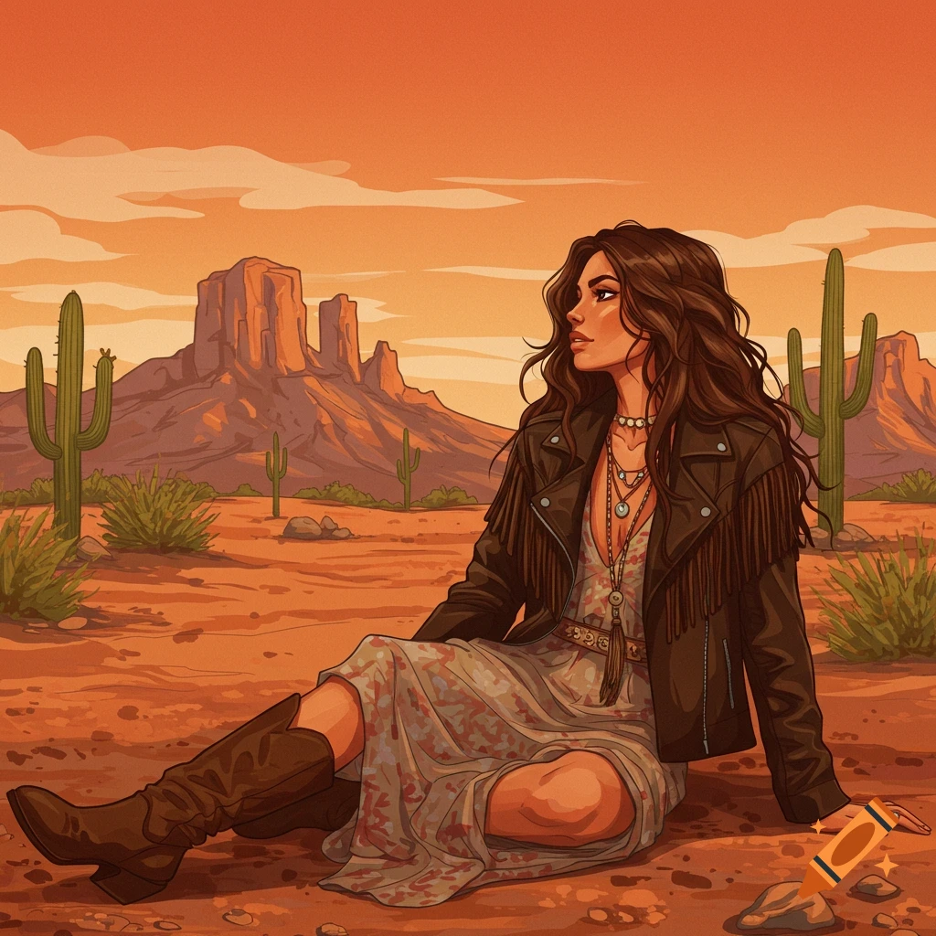 A woman in a boho dress and leather jacket is sitting in a desert landscape with mountains and cacti.
