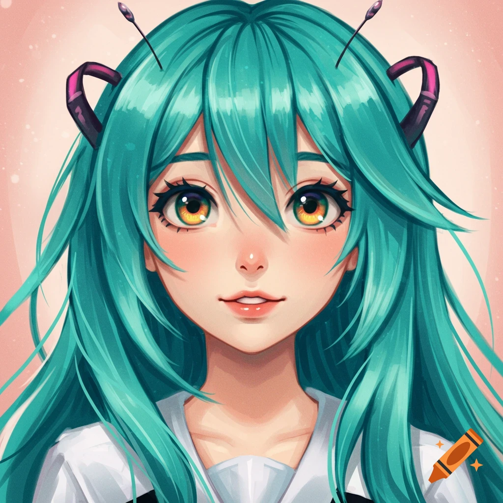 Anime portrait of girl with teal hair, orange eyes, and bug antennae