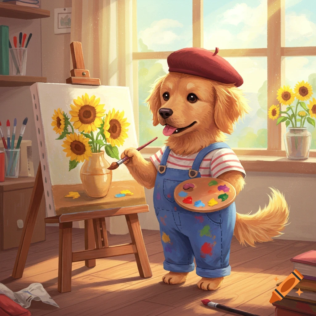 A cute golden retriever dog wearing a beret and overalls paints sunflowers on an easel.