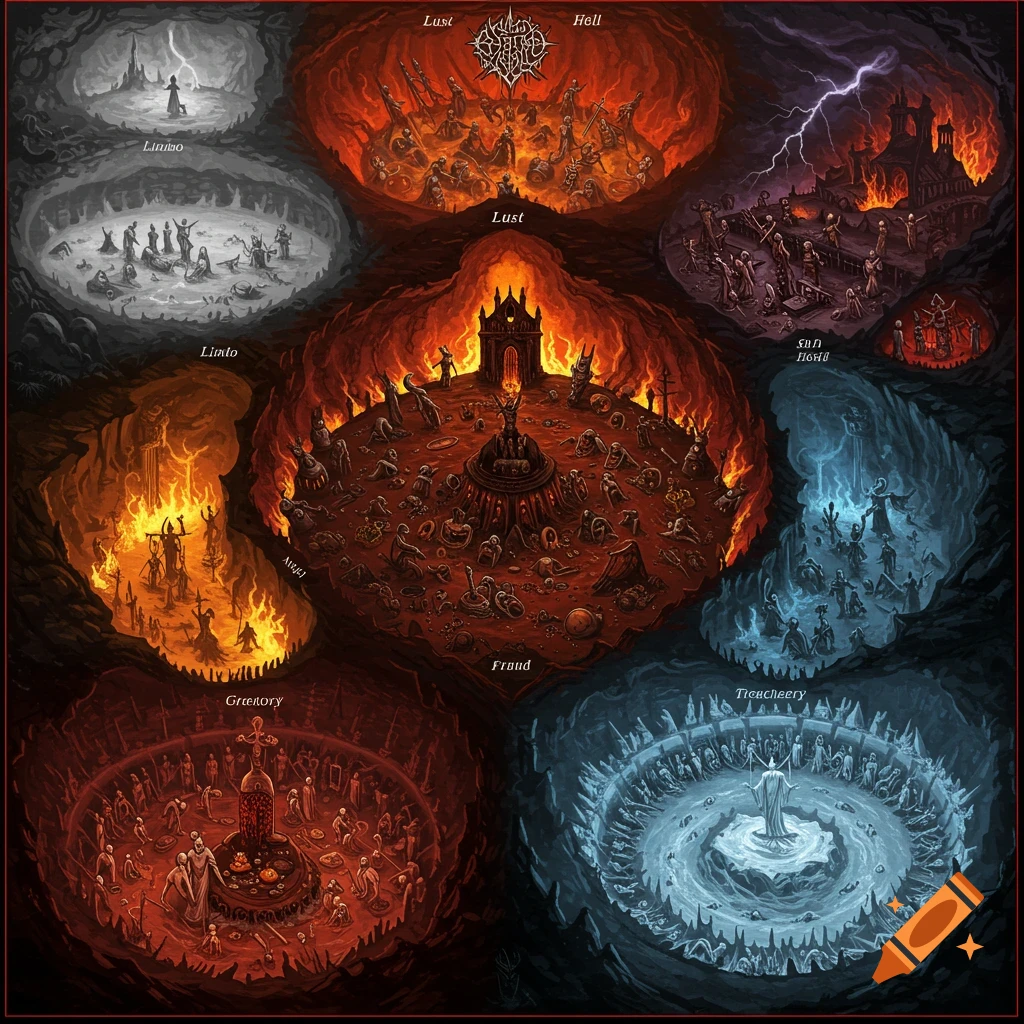 The image shows circular stages of hell, each depicting figures in torment in different environments like fire and ice, with labels for each circle.