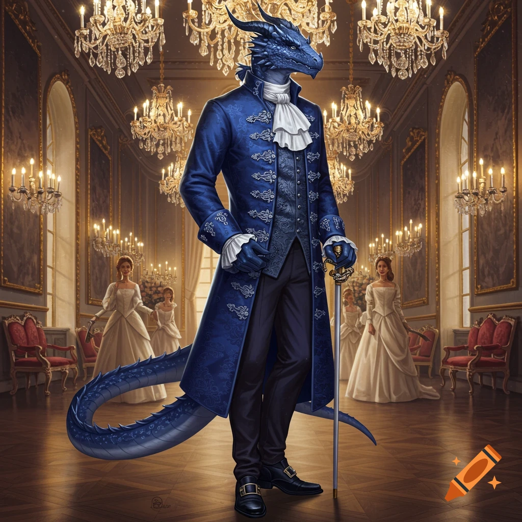 A blue dragonborn noble in a blue coat stands in a lavish ballroom.