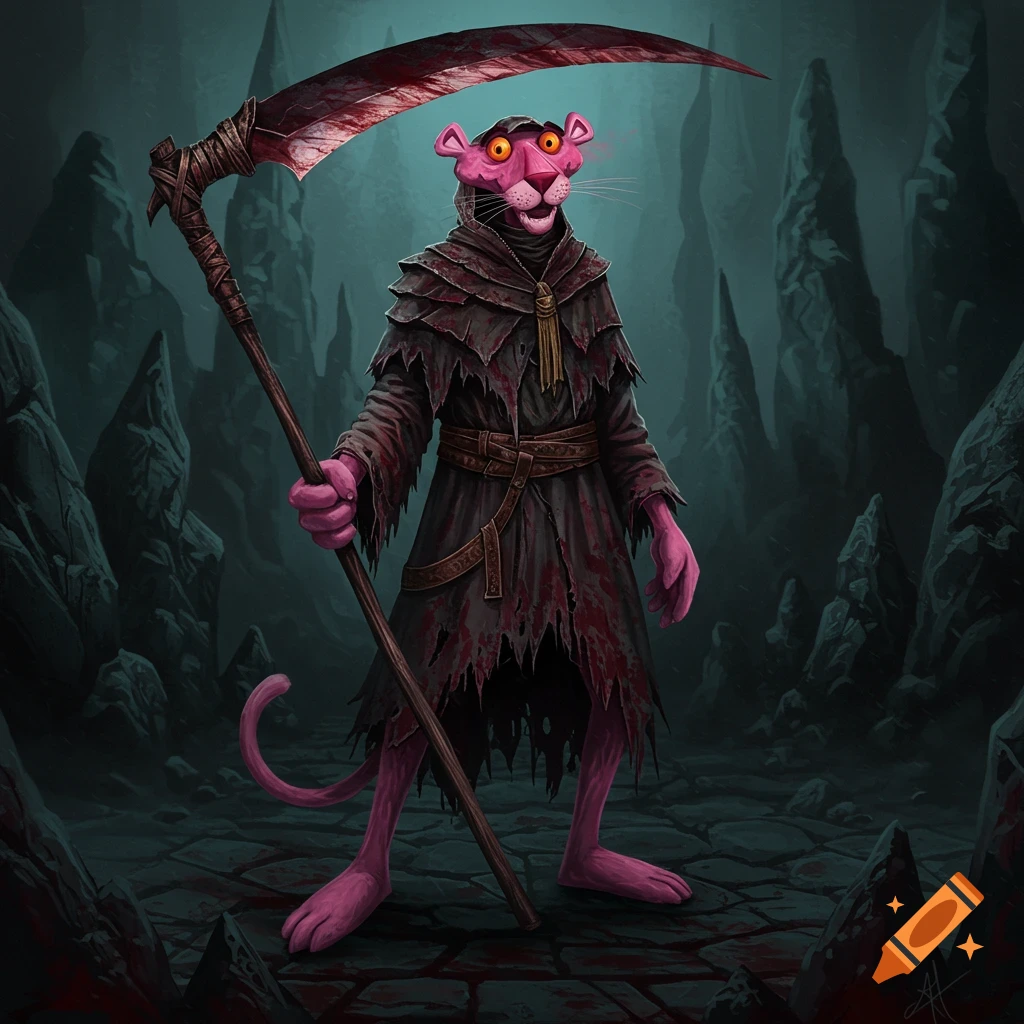 A pink panther in dark, ripped robes holding a bloody scythe in a rocky dungeon.