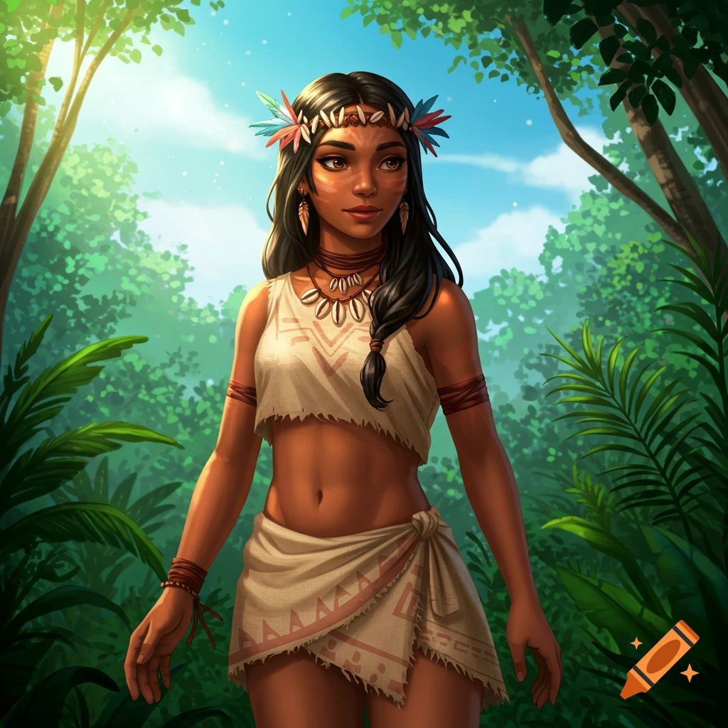 Young indigenous woman with face markings in traditional clothing standing in a lush jungle, illustration.