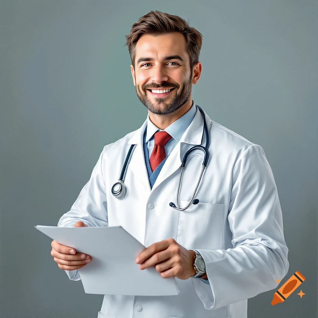 Smiling doctor in lab coat with stethoscope holding paper.