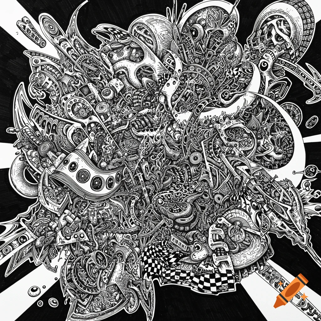 Detailed black and white surreal drawing with chaotic abstract forms.