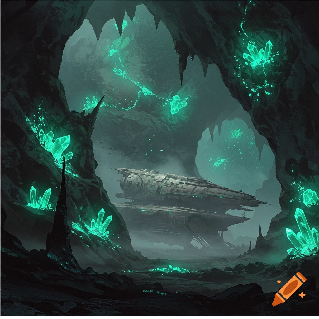 A spaceship in a large cave filled with glowing green crystals.