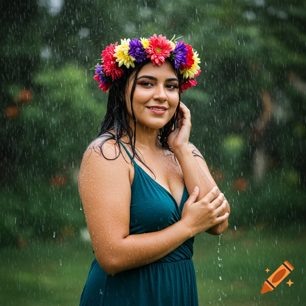A Latin woman wearing a flower crown stands in the rain.