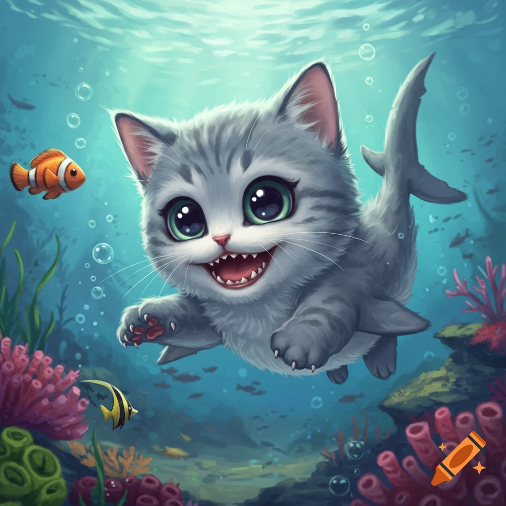 Cute cartoon shark-kitten swimming underwater with clownfish and coral