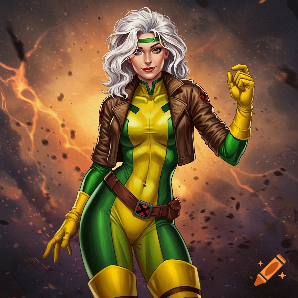 A depiction of the superhero Rogue in her green, yellow, and brown costume against an explosive background.