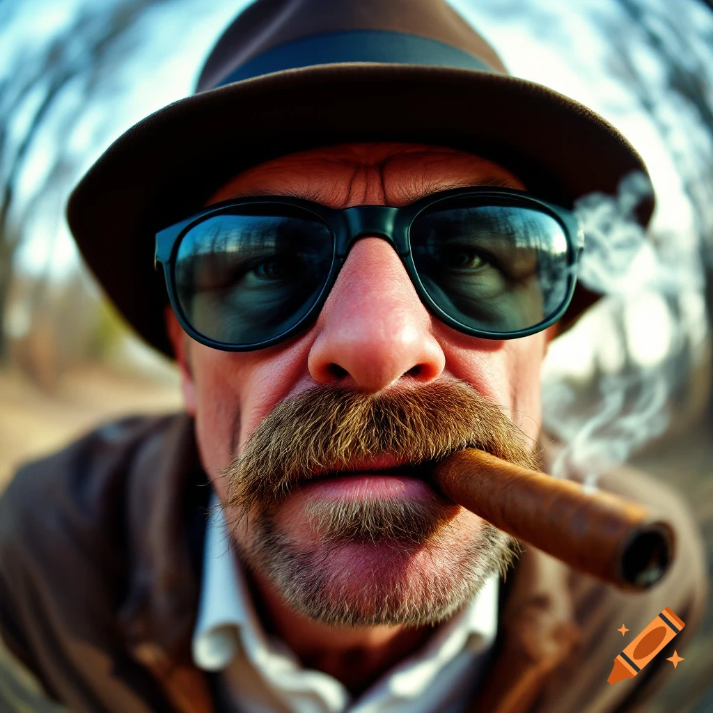 Close-up fisheye portrait of a man resembling Walter White wearing sunglasses and a hat, smoking a cigar. Photorealistic style.