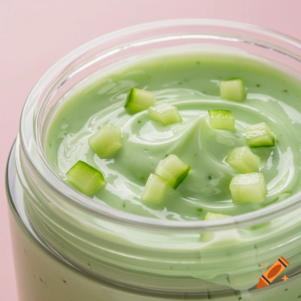 Close-up of green cream with cucumber pieces in a clear jar.