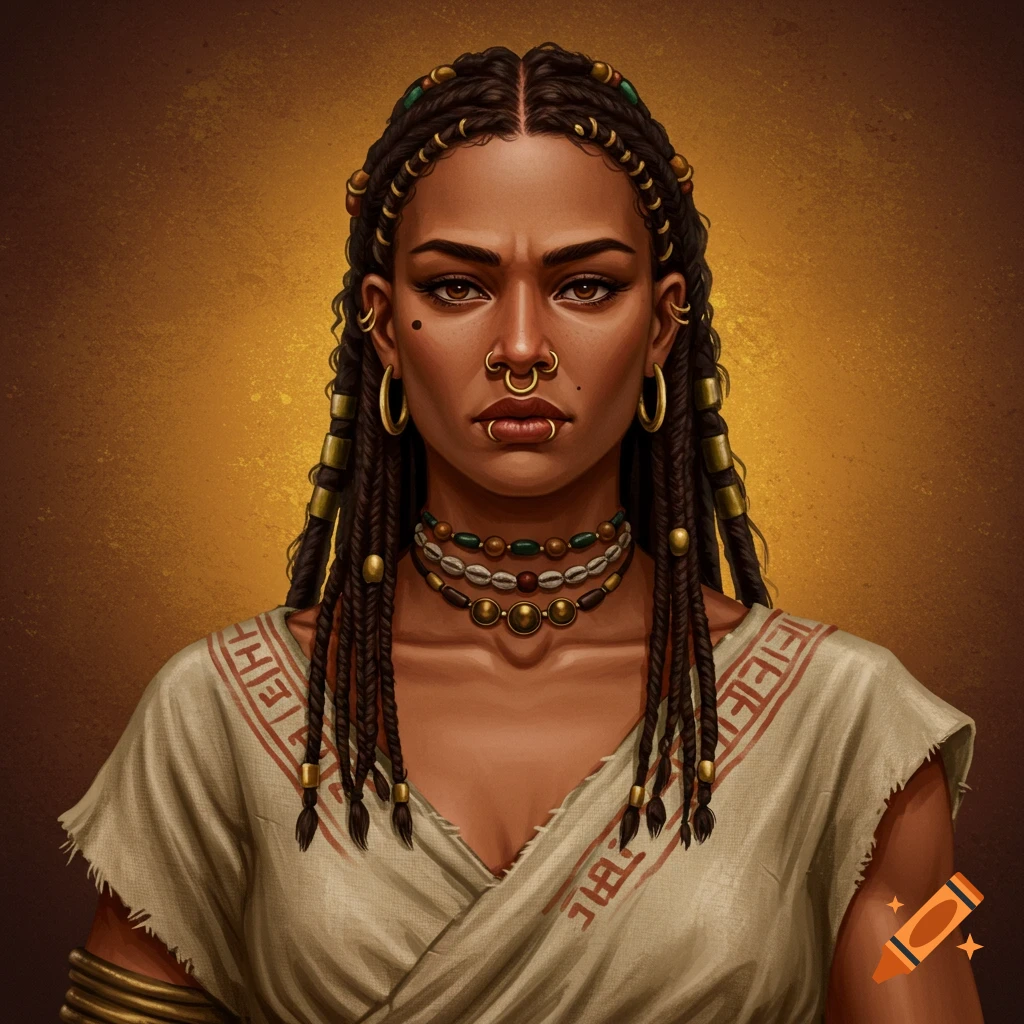 A portrait of a woman with braids, nose rings, and necklaces wearing a patterned garment.