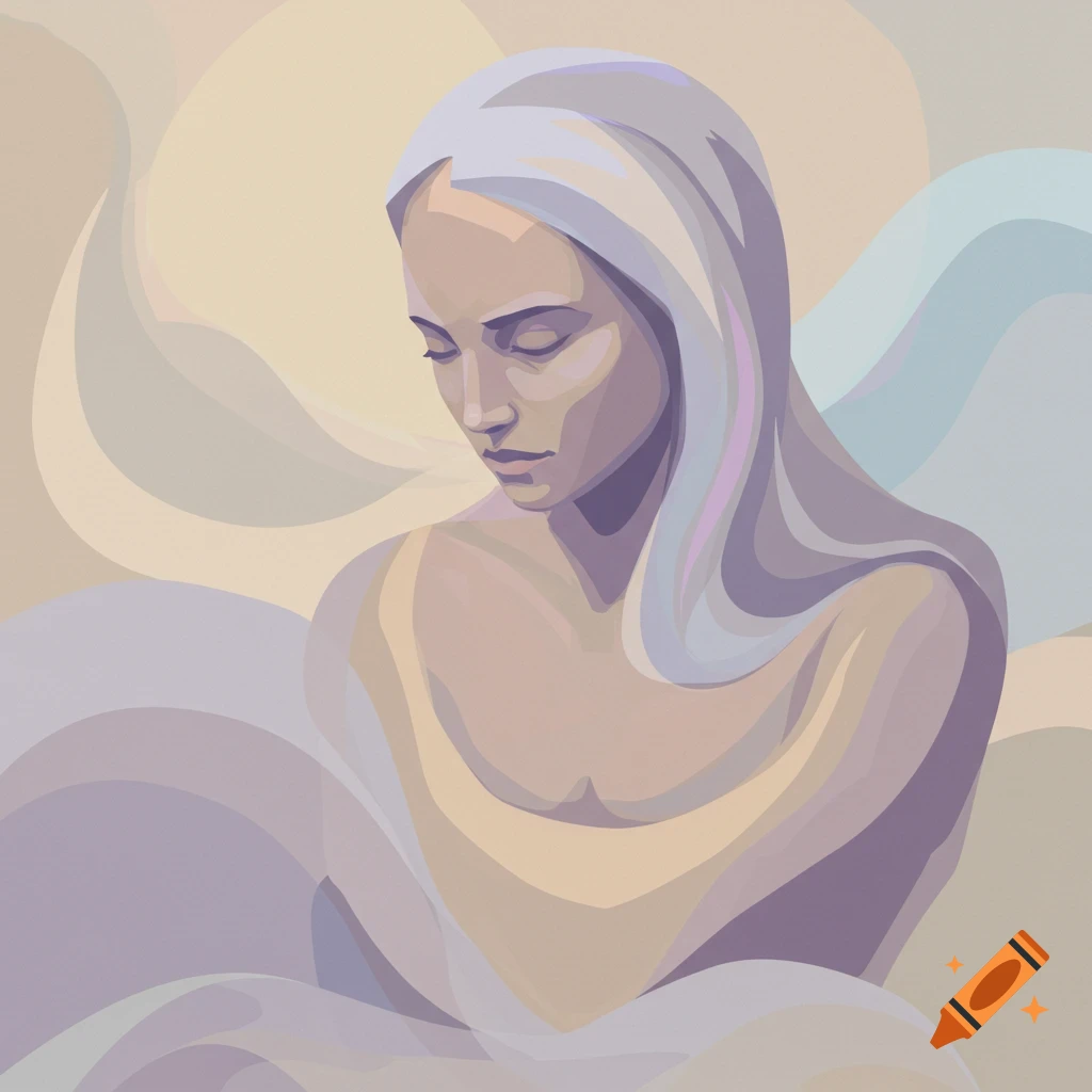 Stylized digital portrait of a person with closed eyes, looking down, surrounded by pastel abstract shapes.