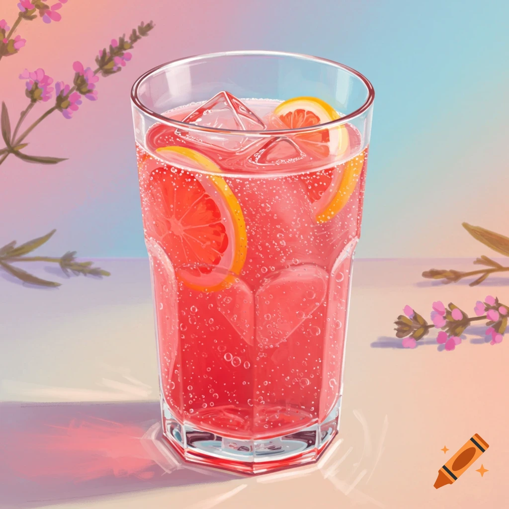 A pink lemonade or cocktail with grapefruit and lemon slices, ice, and sparkling bubbles in a glass, with flowers in the background.