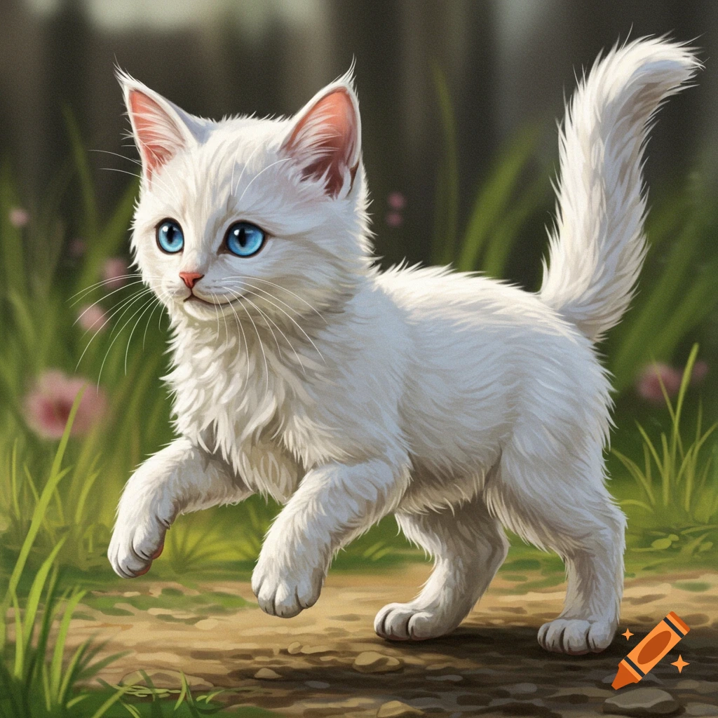 A white kitten with blue eyes walks on a dirt path through grass.