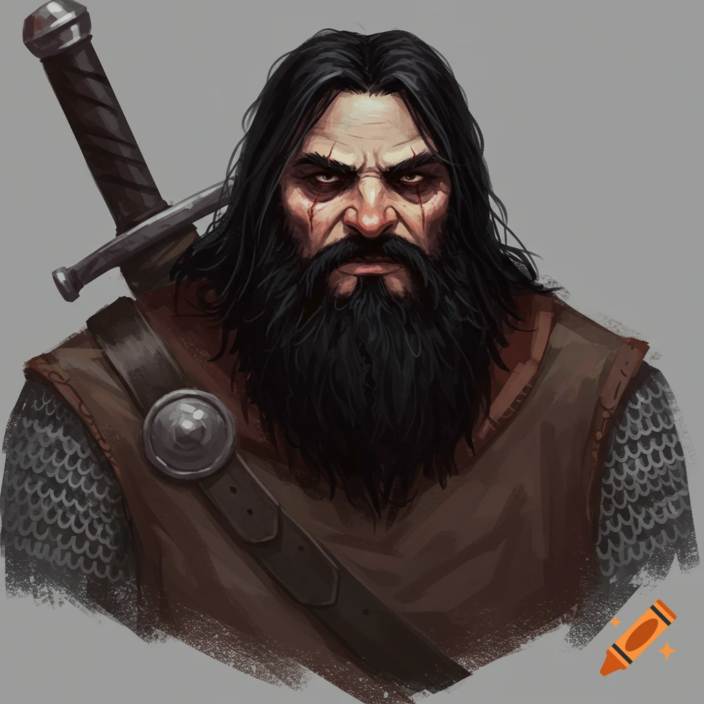 A rugged warrior with a beard, scars, and a sword.