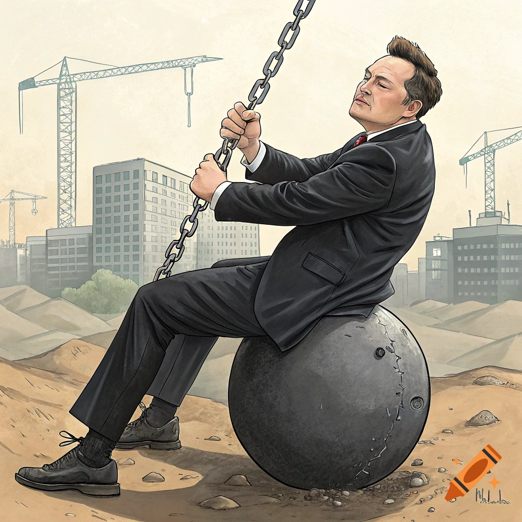 An illustration of a man resembling Elon Musk riding a wrecking ball in a construction site.