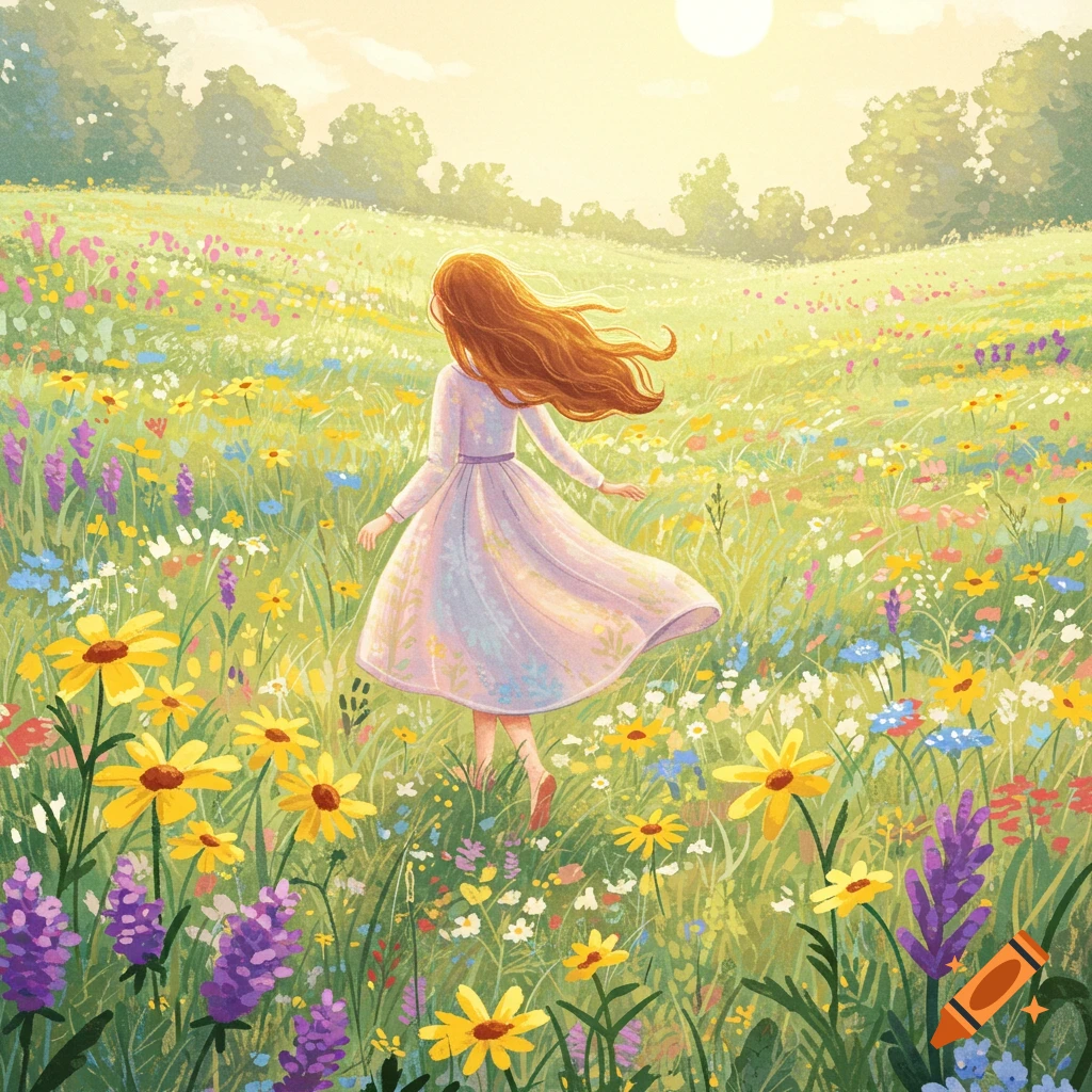 A girl walking through a meadow filled with colorful flowers.