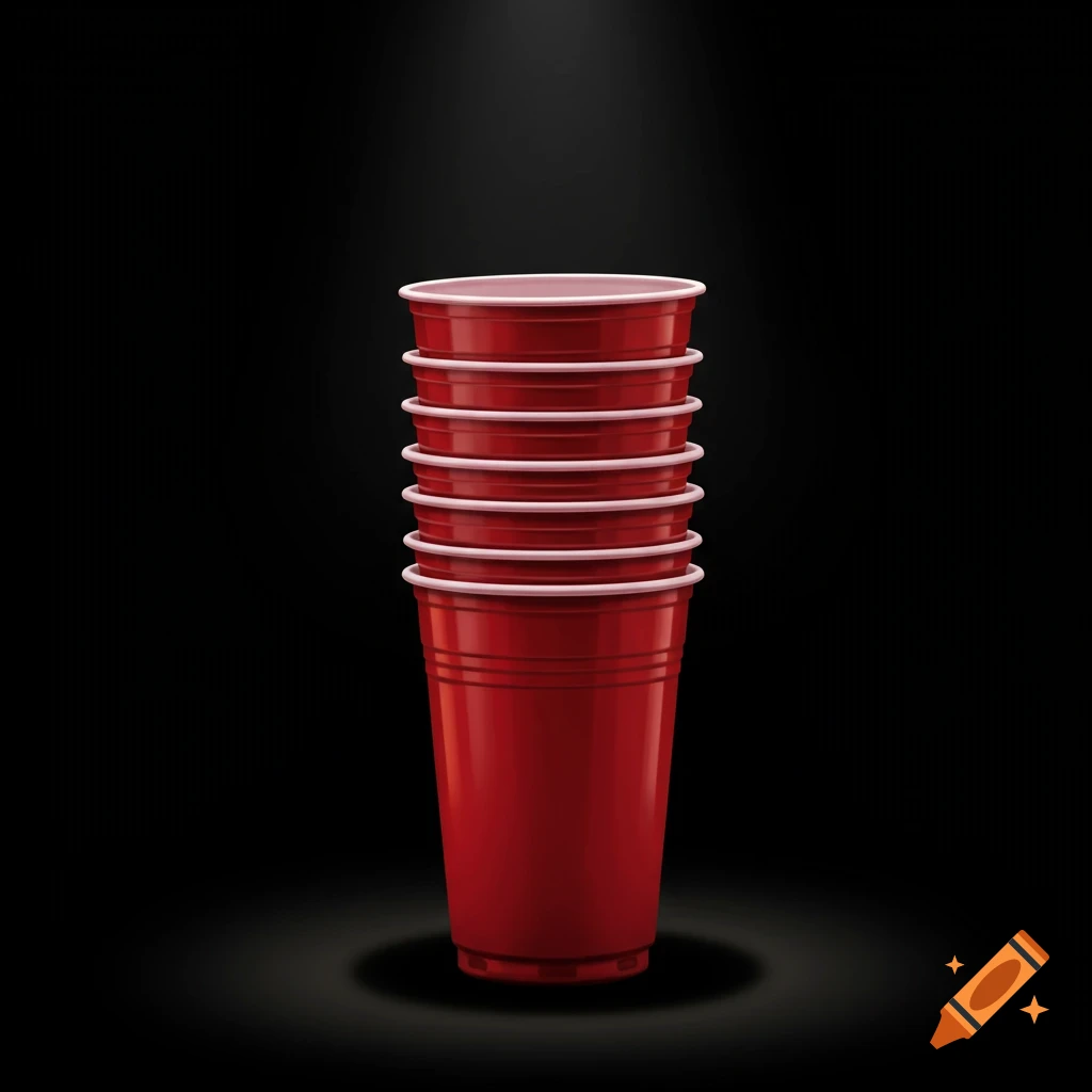 A stack of red plastic cups under a spotlight against a dark background.