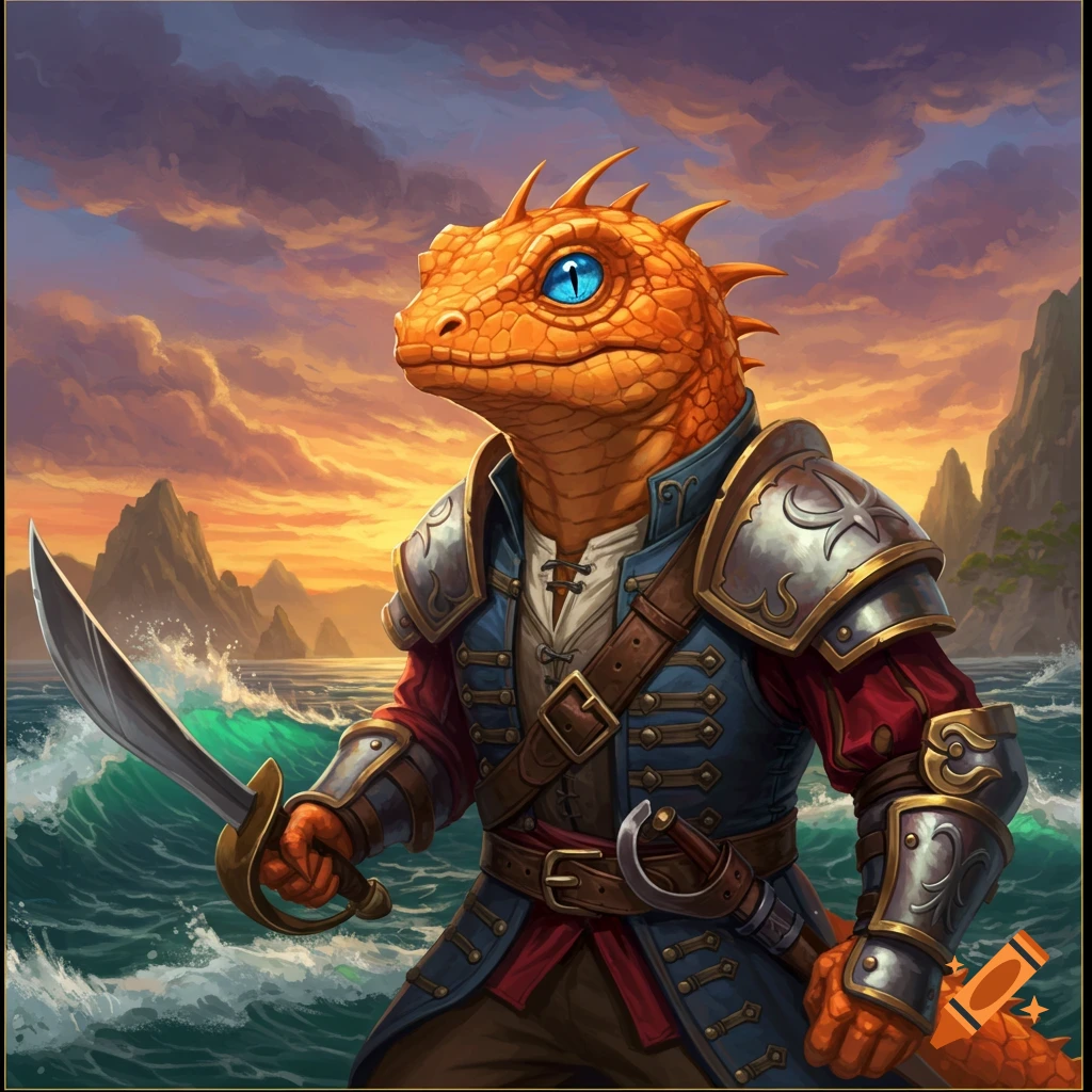 An orange lizard in pirate paladin armor holding a sword on a stormy sea.