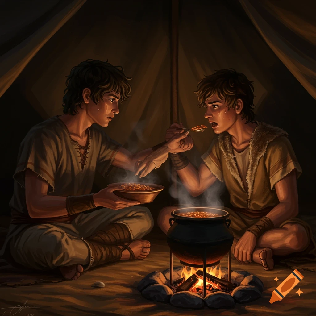 Illustration of two young men sharing a meal from a pot over a fire inside a tent.