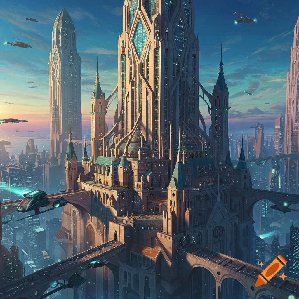 A futuristic city is depicted with a massive skyscraper castle dominating the skyline and various flying vehicles navigating the air.