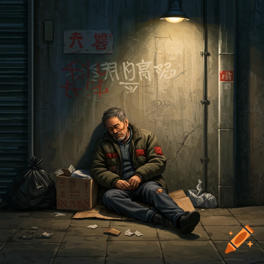 Older homeless man sleeping against a graffiti-covered wall.