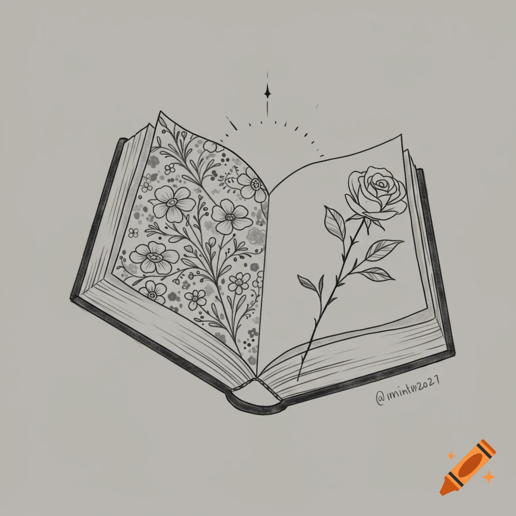 Line drawing of an open book with floral patterns and a rose.