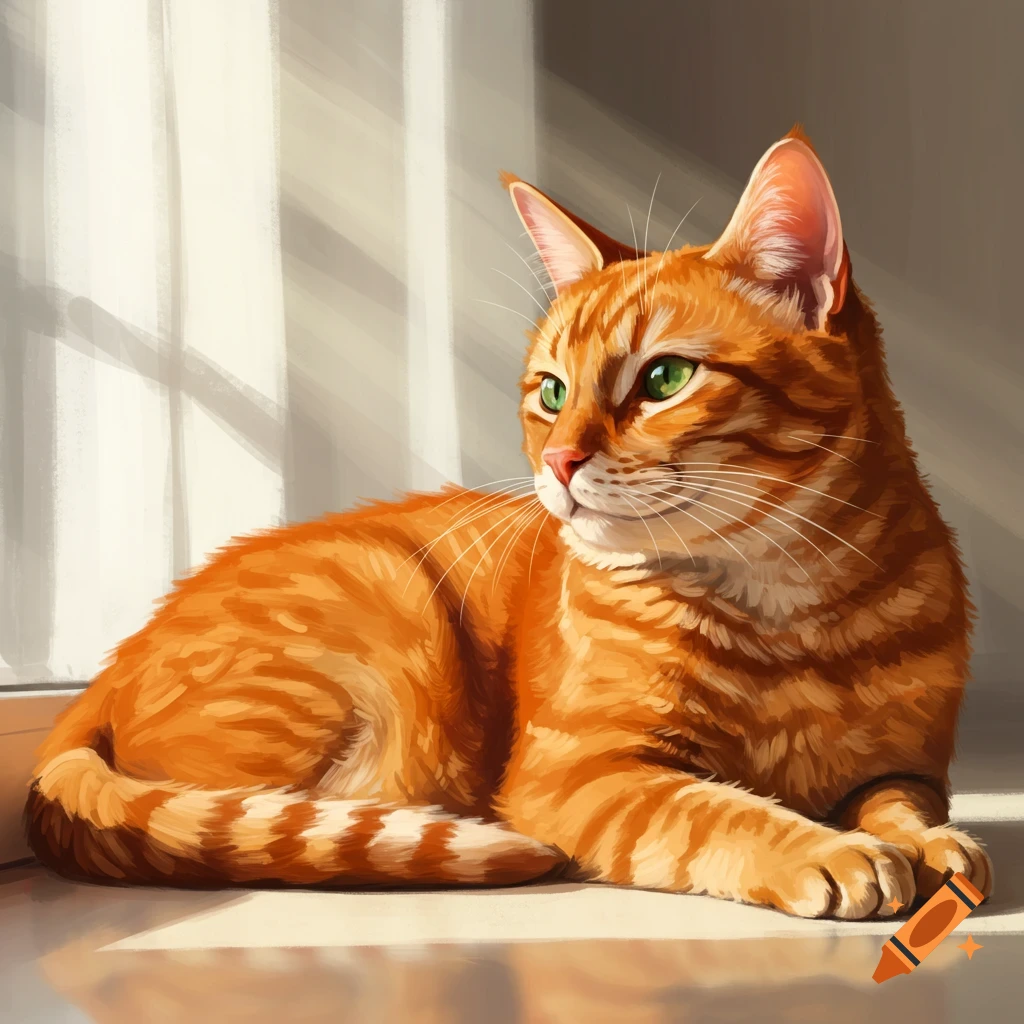 An orange tabby cat is lying by a window in sunlight.