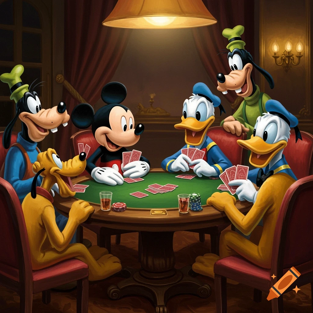 Mickey Mouse, Donald Duck, Goofy, and Pluto playing poker.