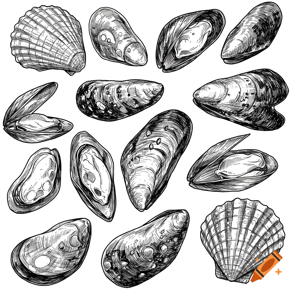 Black and white hand drawings of mussels and scallops arranged on a white background.