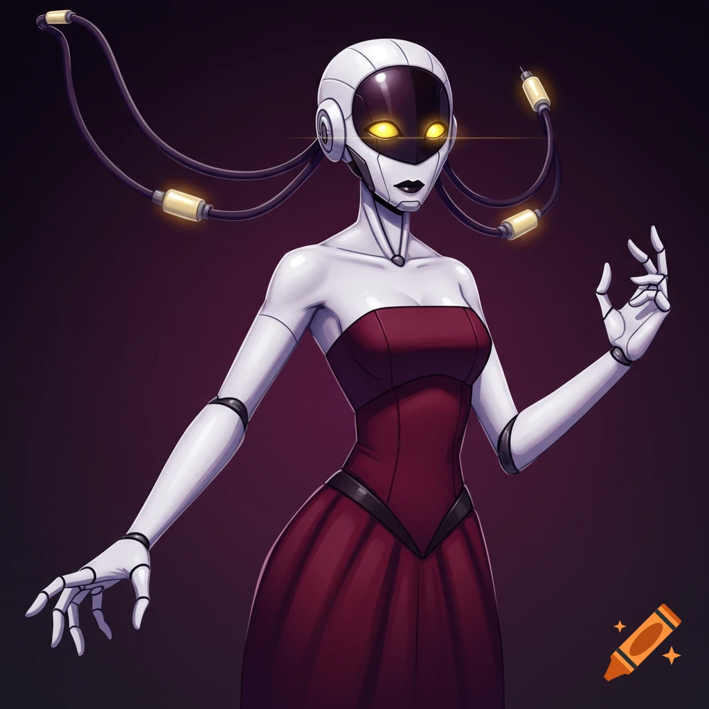 Illustration of a white humanoid robot in a red dress with glowing yellow eyes and cables extending from its head.