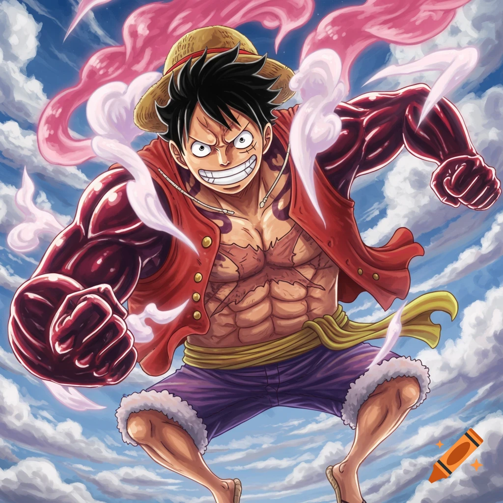 Anime illustration of One Piece character Luffy in Gear Five form jumping against a cloudy sky.