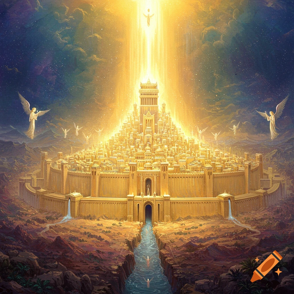 A radiant golden city is enclosed by protective walls, with majestic mountains and a flowing river nearby.  Above, angels soar as a brilliant light emanates from the sky.