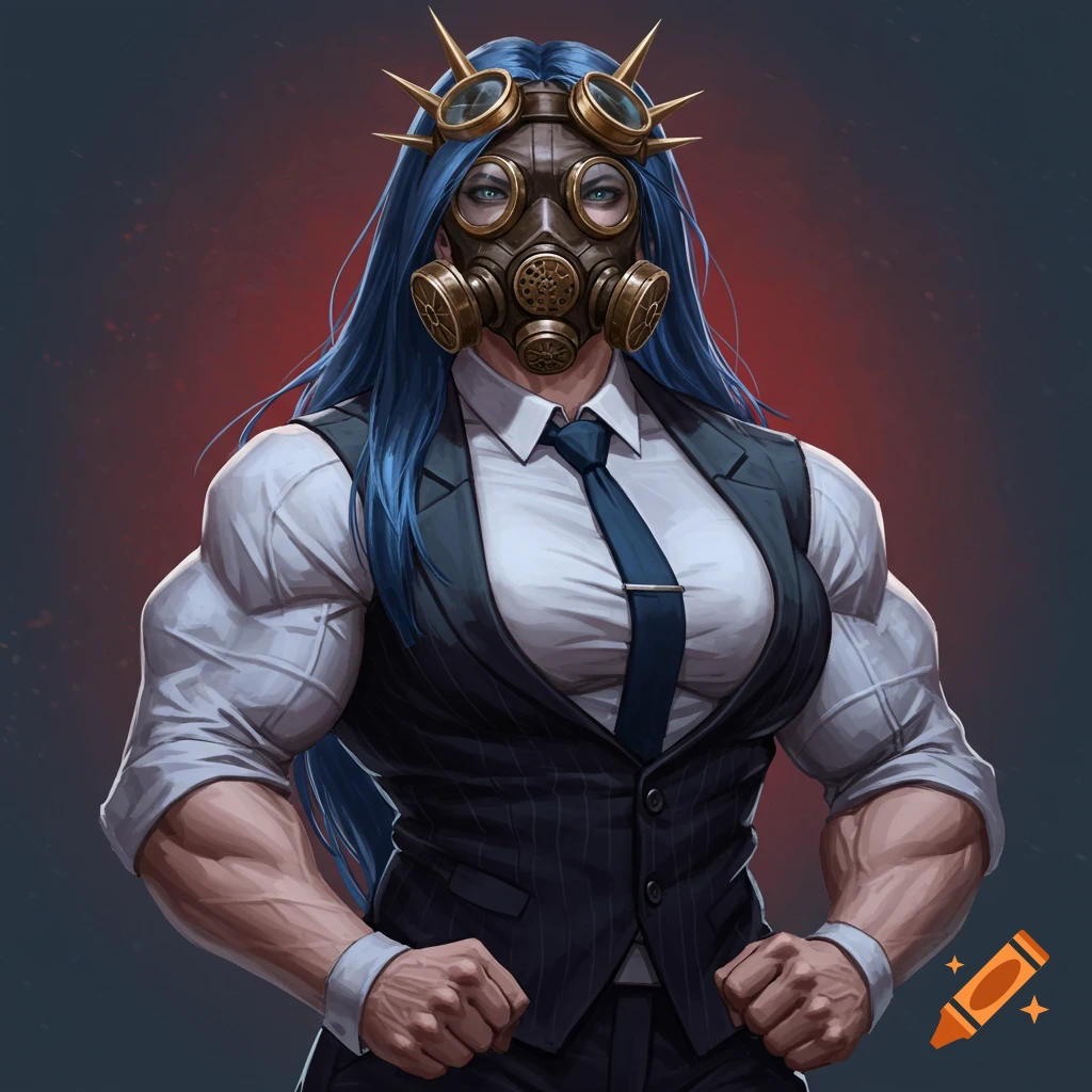 Painting of a muscular woman with blue hair, gas mask, goggles, and a suit.