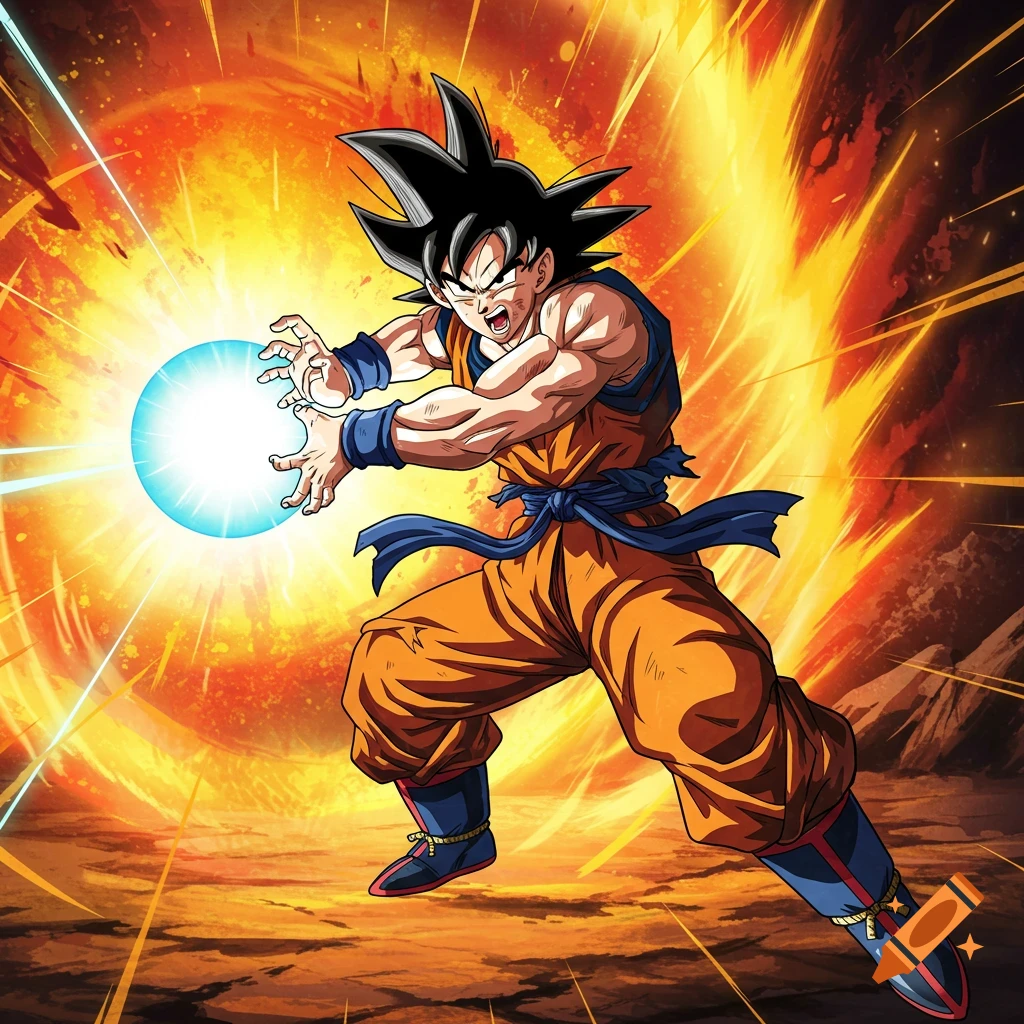 Anime character Goku preparing a powerful energy blast against an explosive background