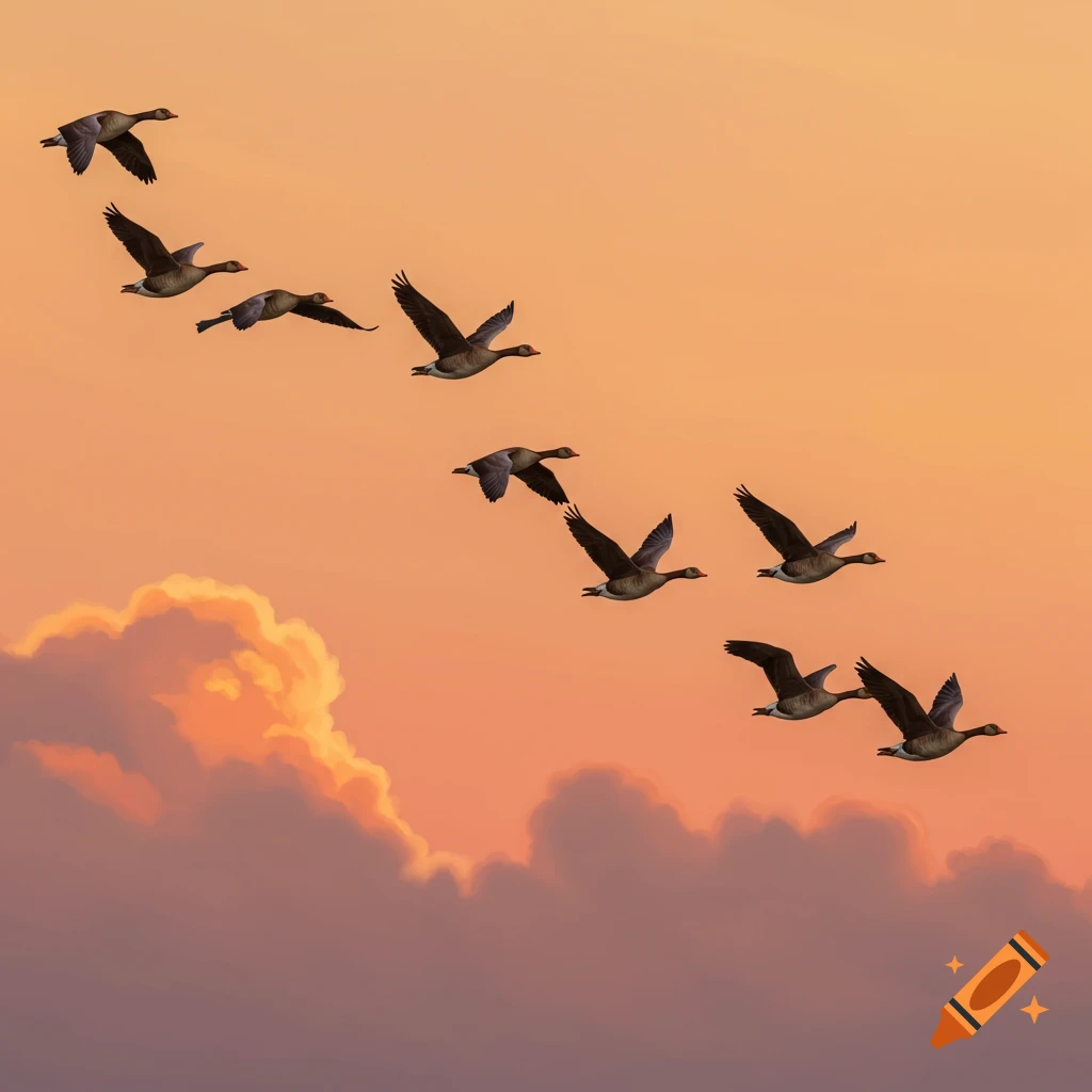 Geese fly in a V formation against an orange sunset sky with clouds.