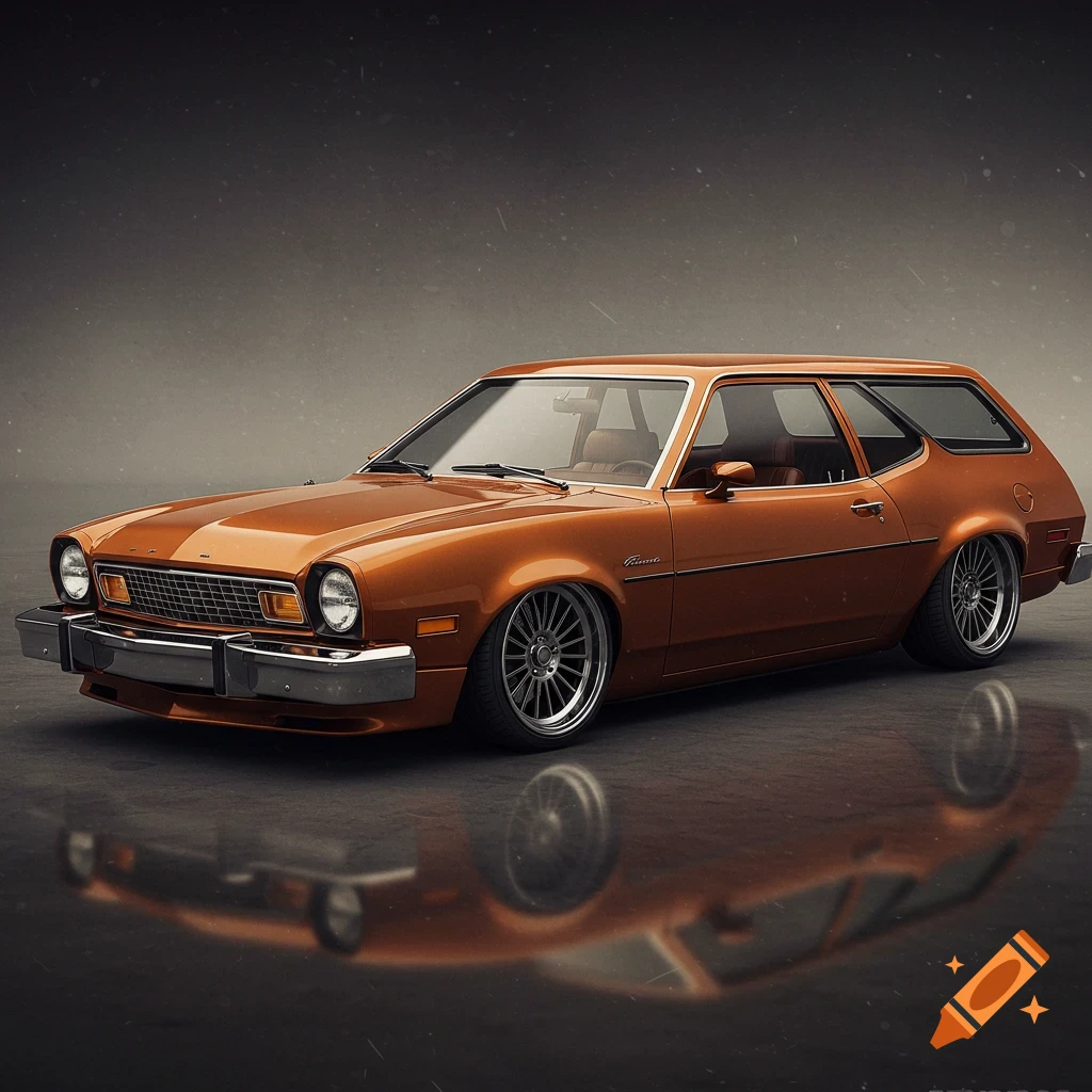 A lowered copper 1976 Pinto station wagon with custom wheels.