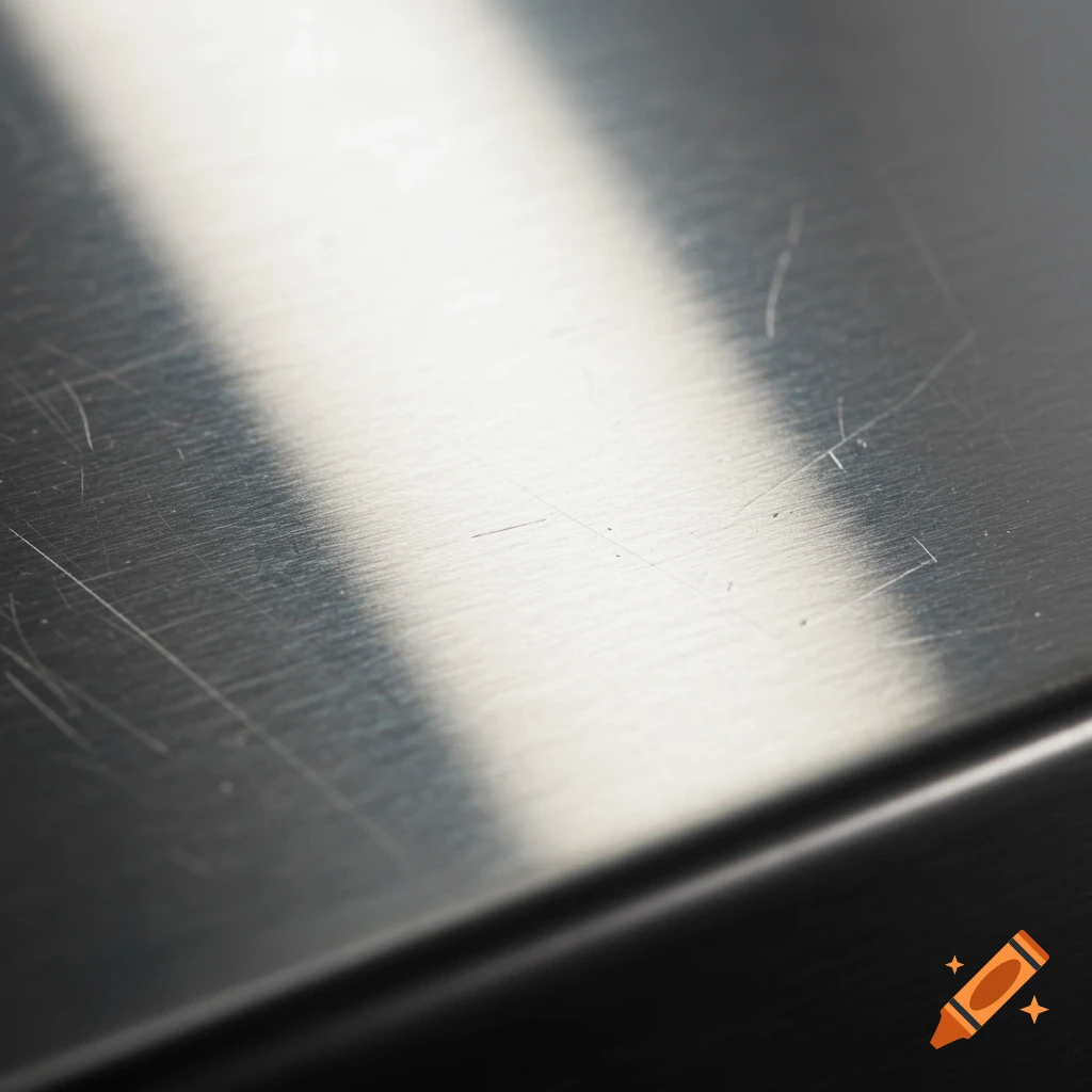 Close-up of a scratched brushed stainless steel surface with a light reflection.