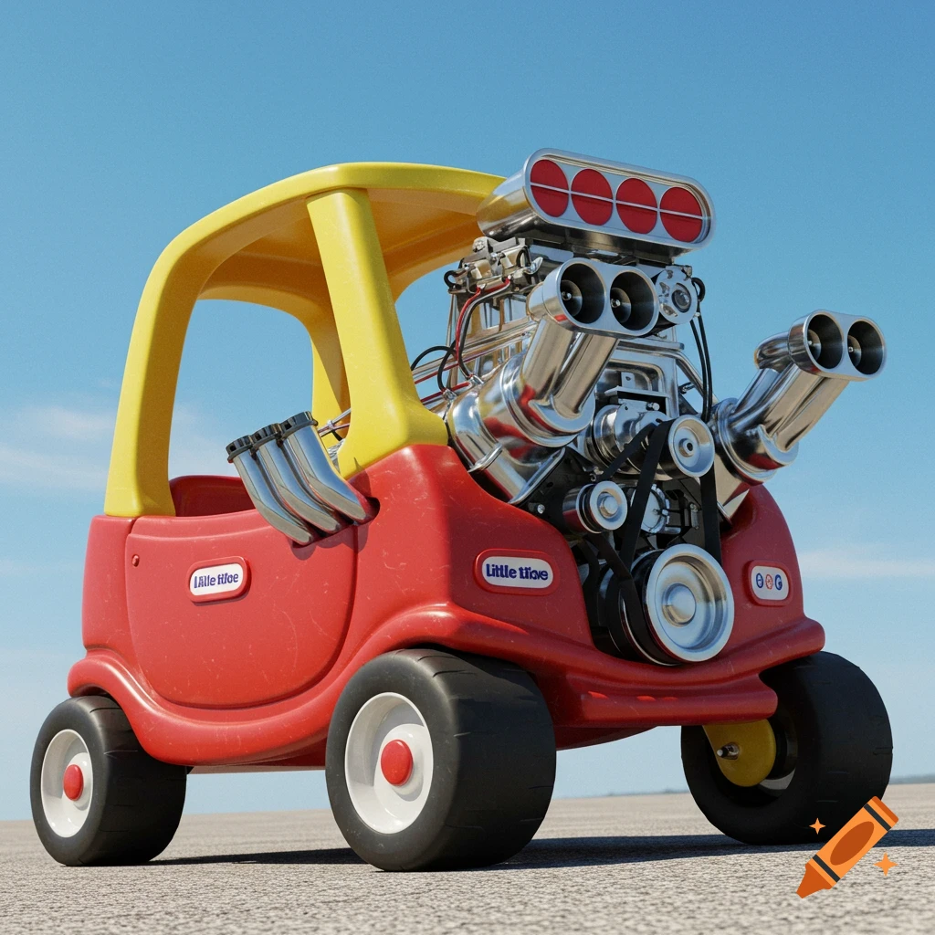 A red and yellow Little Tikes style toy car modified with a massive, exposed chrome engine on its hood, on pavement under a blue sky.