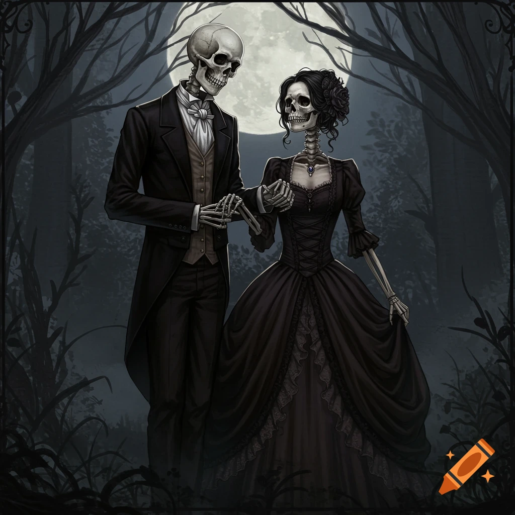 A skeleton couple in Victorian clothing in a dark forest under a moon.