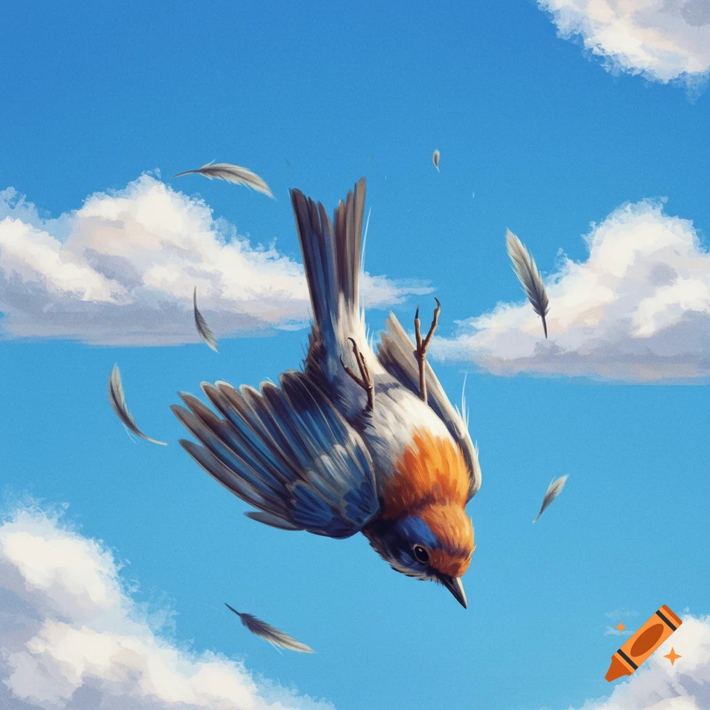 A bird falling from the sky with feathers scattering.