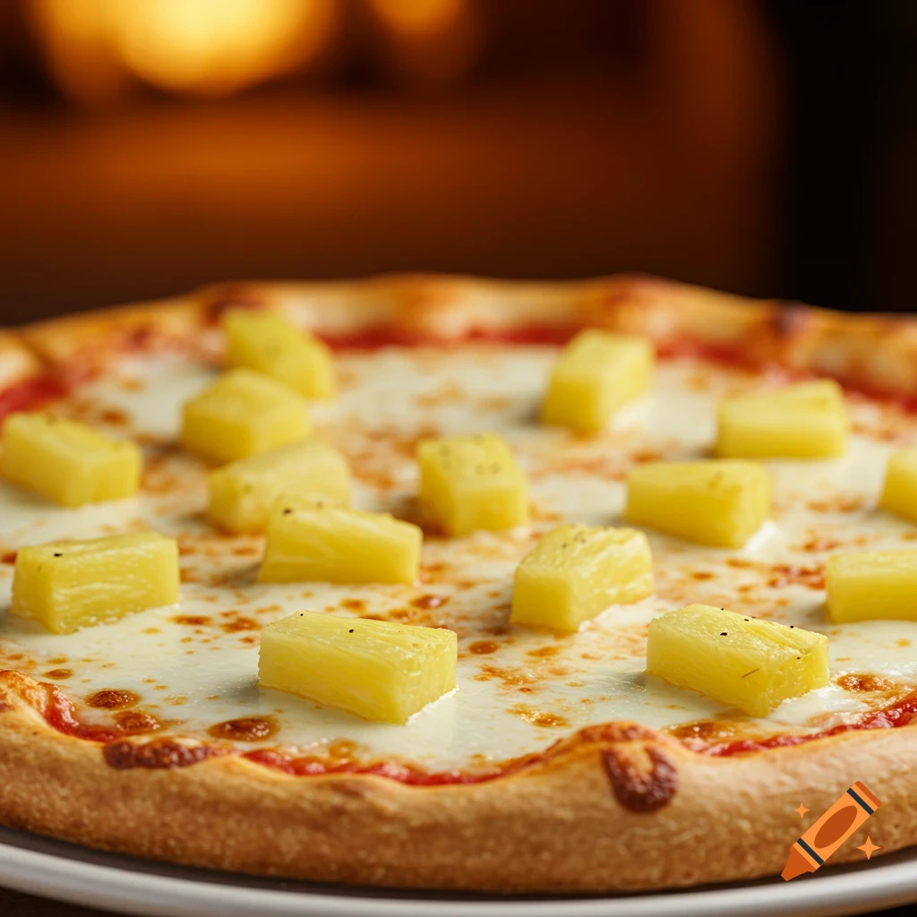 Photorealistic close-up of a pizza topped with pineapple pieces and melted mozzarella cheese, with a warm blurred background.