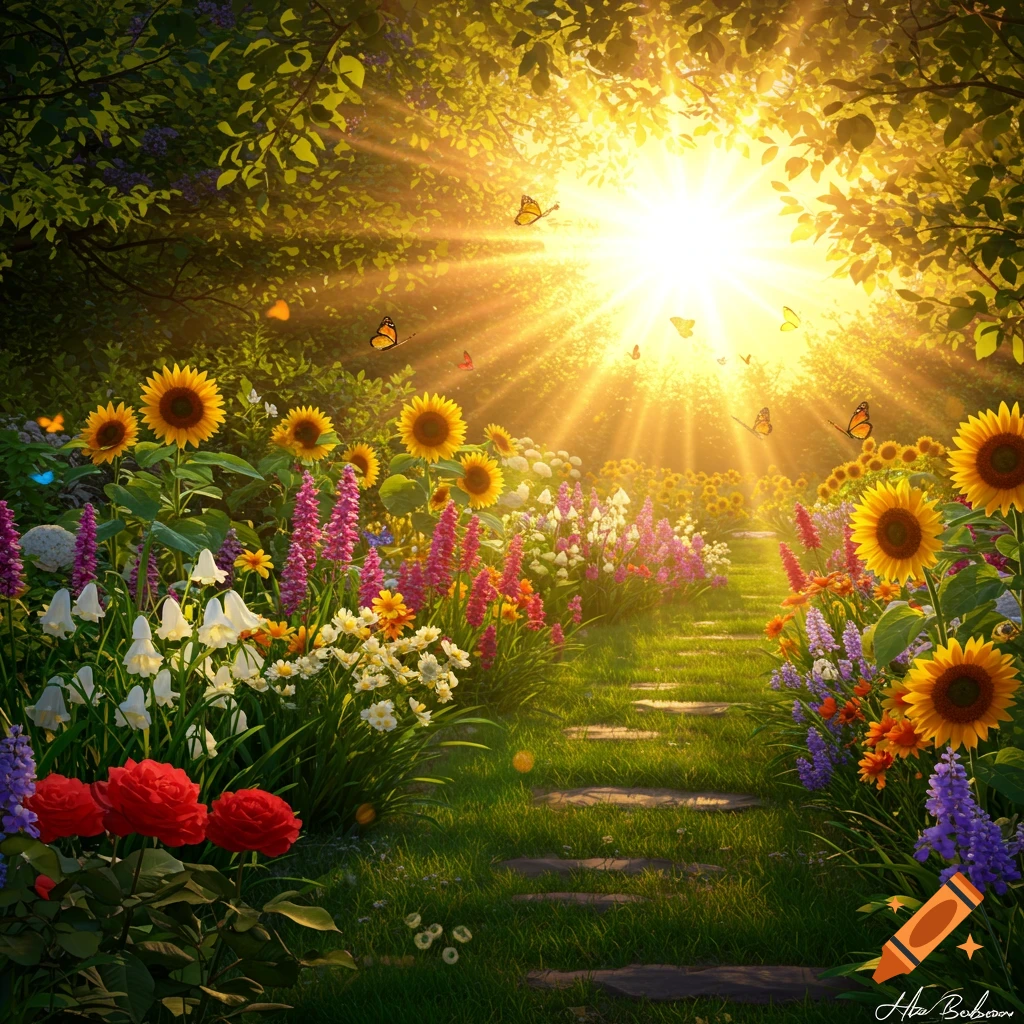 A sunlit garden path lined with sunflowers, colorful flowers, and butterflies.