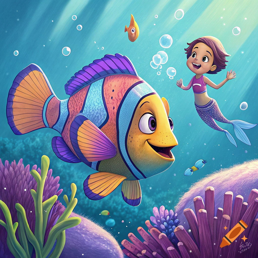Cartoon clownfish and mermaid girl swim together underwater near colorful coral.