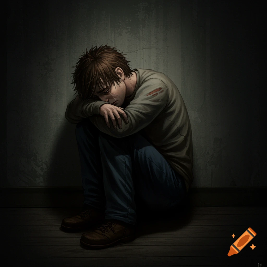 A young man is hunched over, crying in a dimly lit room, conveying sadness.