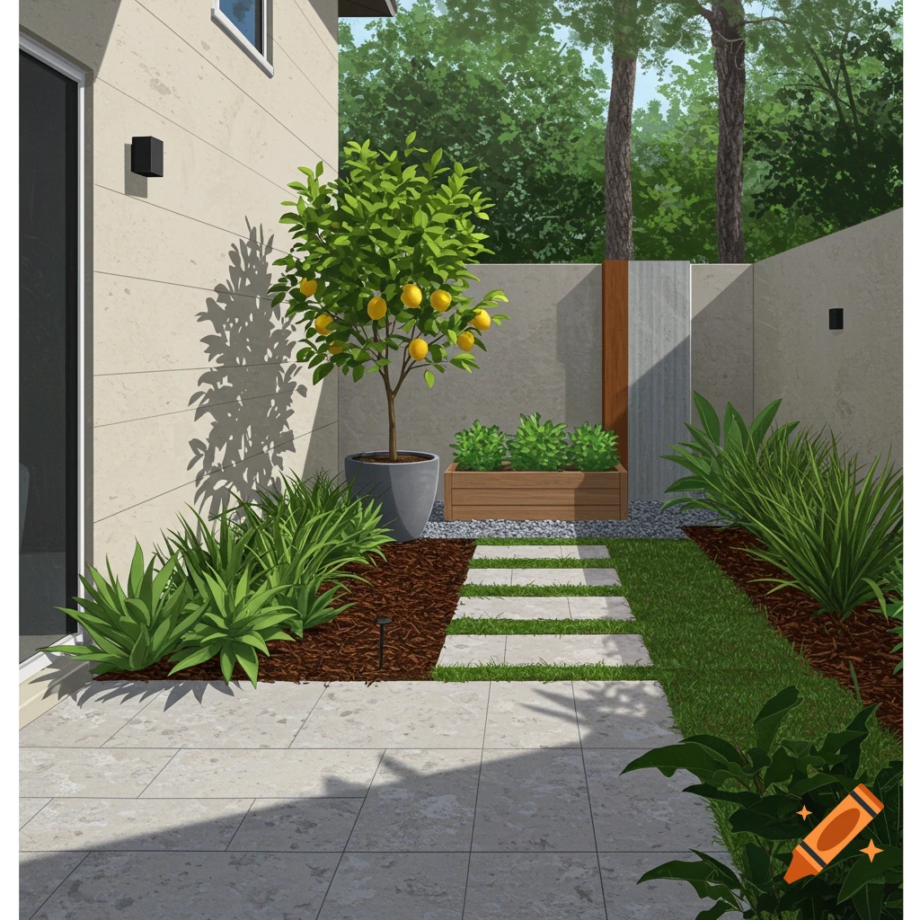 Modern backyard landscape design with a patio, lemon tree, raised garden bed, path, and plants.