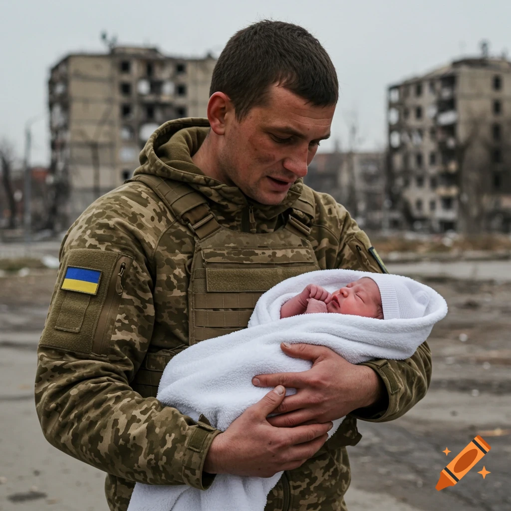 Ukrainian soldier cradles a baby in a war-torn city