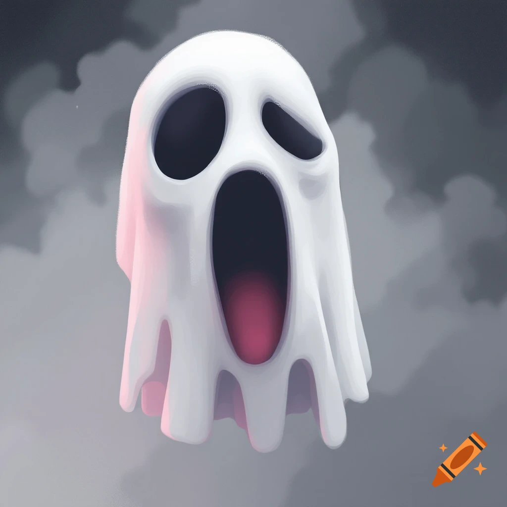 A stylized image of a white ghost with a gaping mouth floating against a dark, cloudy background.