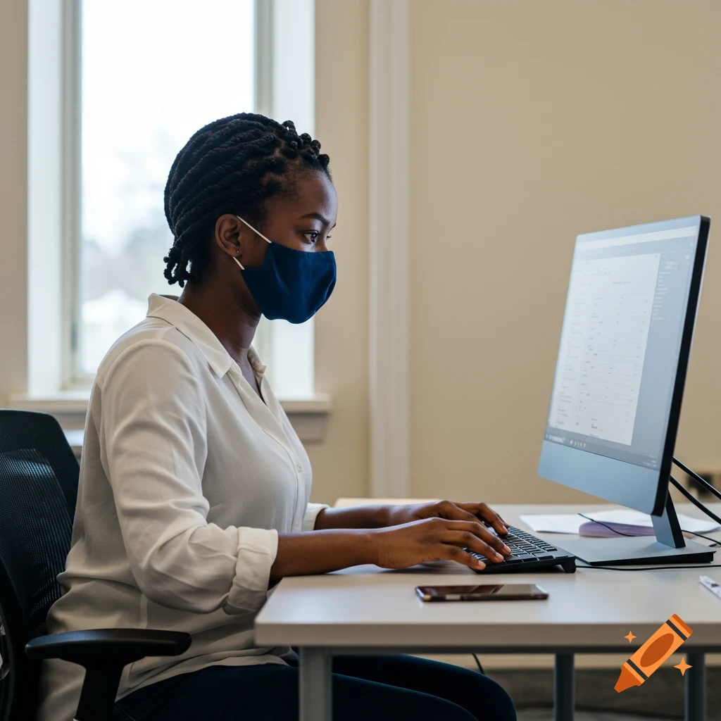 Black woman in a mask typing on a desktop computer at a desk.